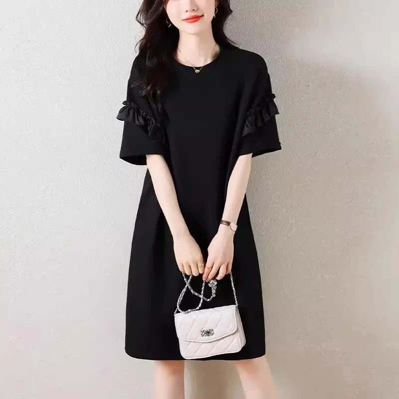 木耳边法式赫本小黑裙女夏季大码女装短袖T恤裙子高端精致连衣裙