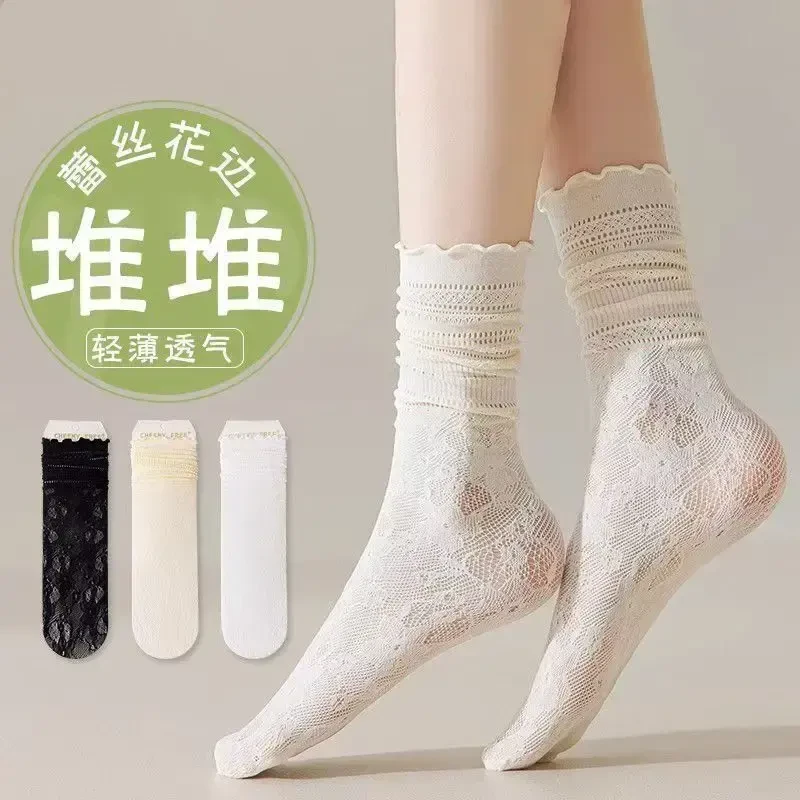 芭蕾MIUMIU风堆堆袜子女春夏薄款蕾丝花边镂空中筒袜纯欲冰冰袜子