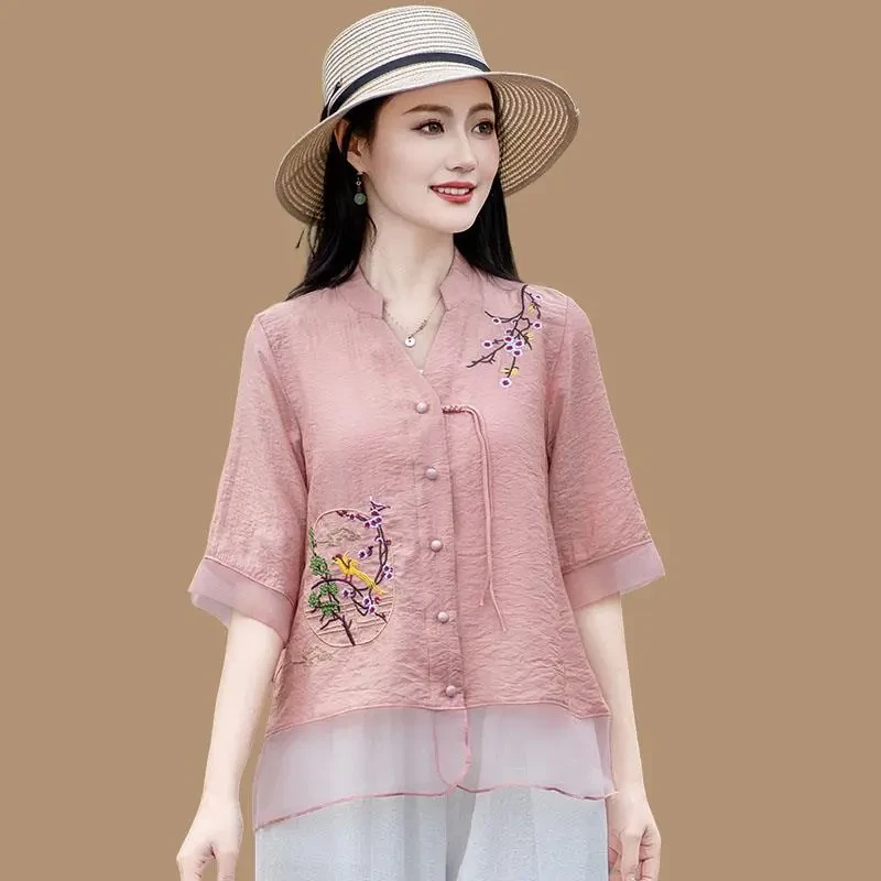 夏装宽松新中式中袖衬衫夏季民族风别致漂亮50-60岁妈妈国风衣服