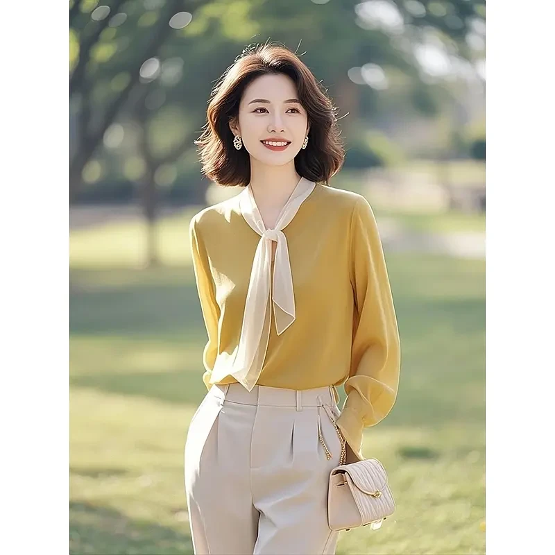 高级感超好看飘带黄色上衣女2025新款爆款今年流行漂亮小衫