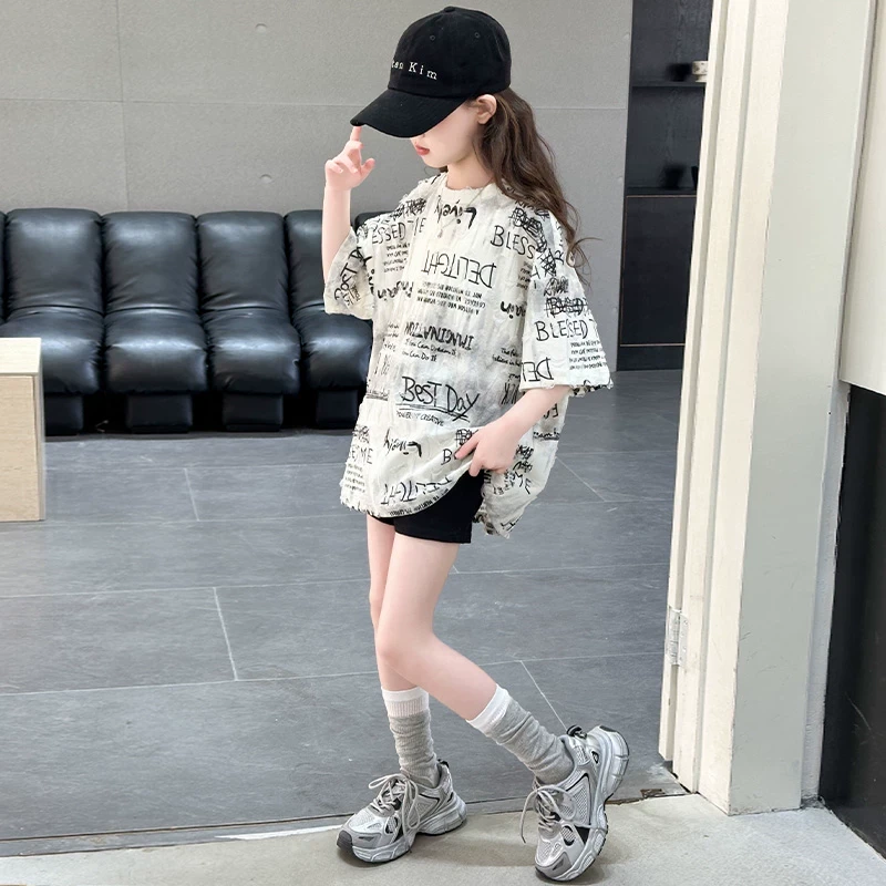 女童夏装2025新款洋气大童女孩短袖t恤T儿童夏季潮酷穿搭韩系上衣