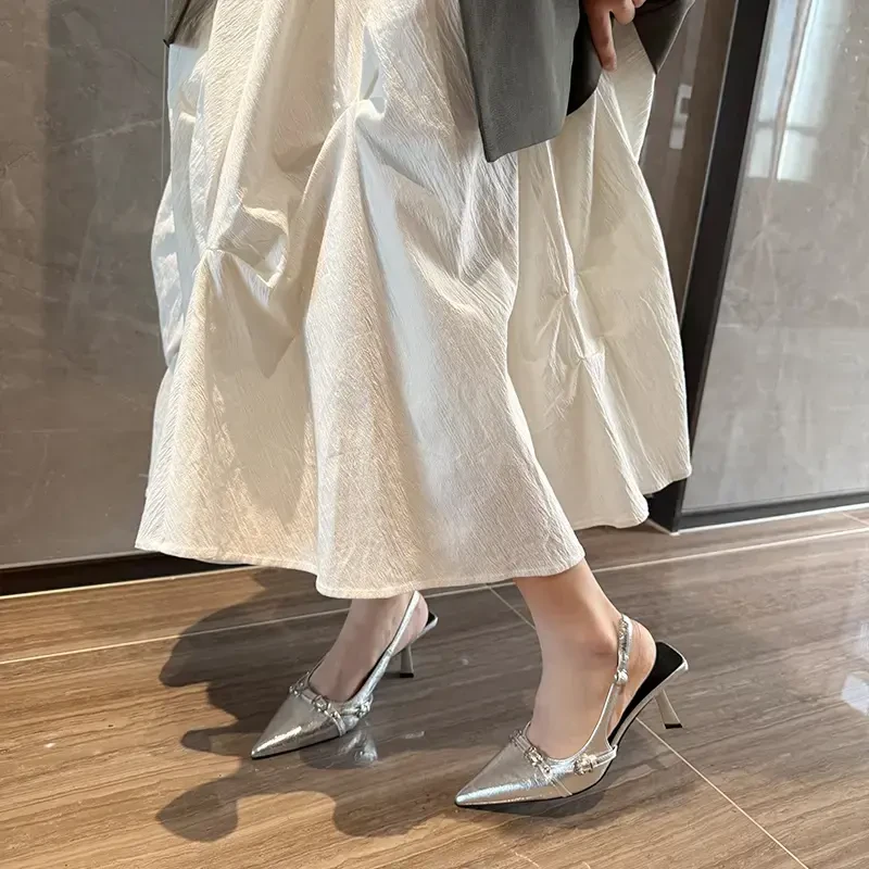 银色一字带包凉鞋尖细跟高跟鞋女2025年春夏季新款季气质单鞋