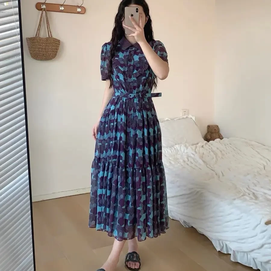 【多多】BO+复古蓝紫翻领波点短袖泡泡袖印花高级感连衣裙B2652