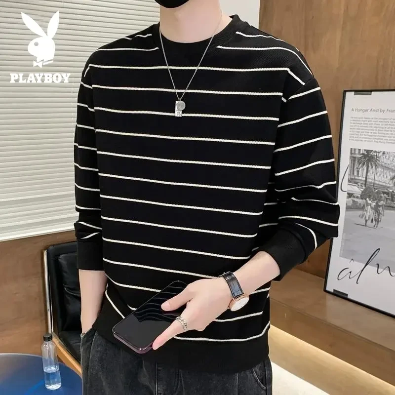 花花公子条纹卫衣男款爆款2025新款男生衣服高级感男装长袖T恤男