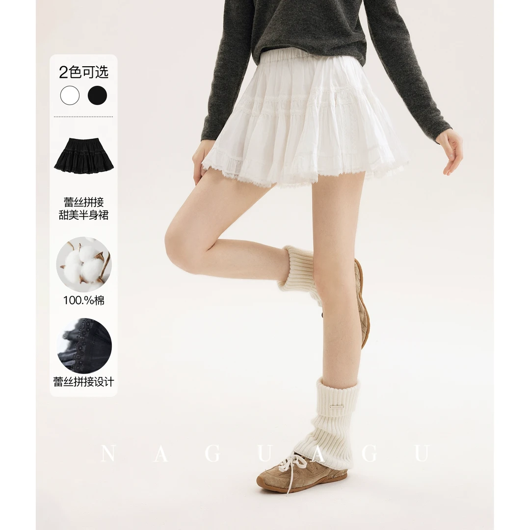 南瓜谷 u系芭蕾少女 ~芭蕾风白色蕾丝拼接甜美A字短款半身裙