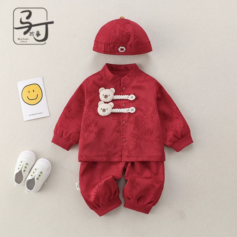 满月婴儿衣服春装两件套男宝宝红色周岁百天礼服分体套装春秋喜庆