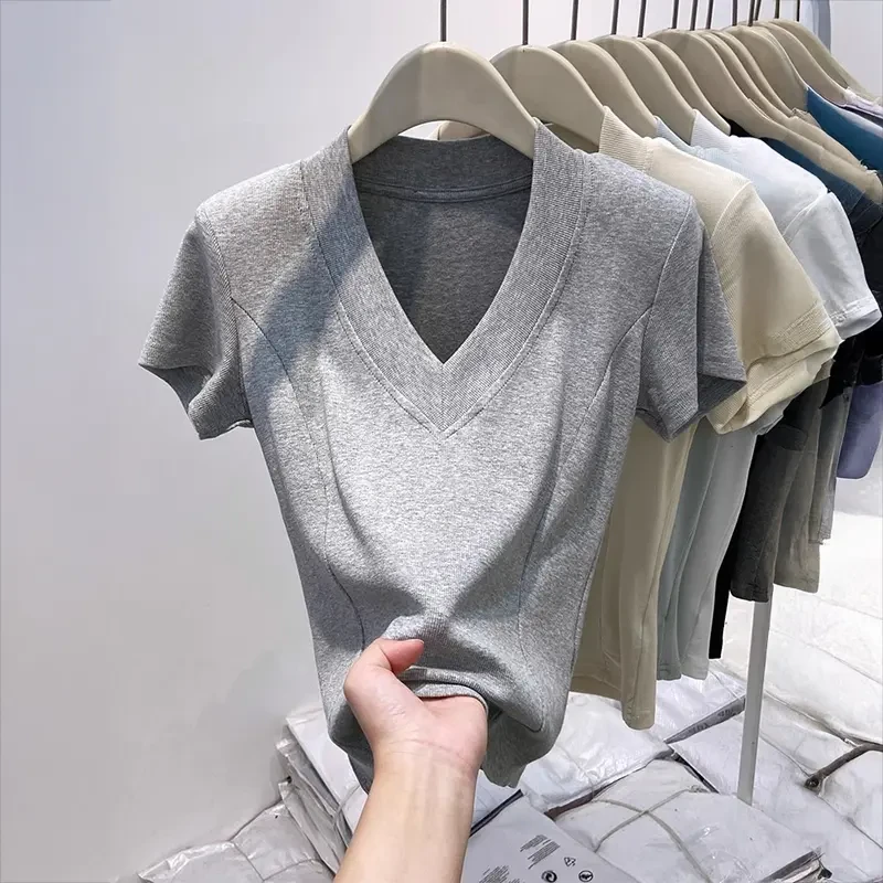 欧货V领螺纹短袖T恤女夏季新款修身显瘦女装短款鱼骨收腰正肩上衣