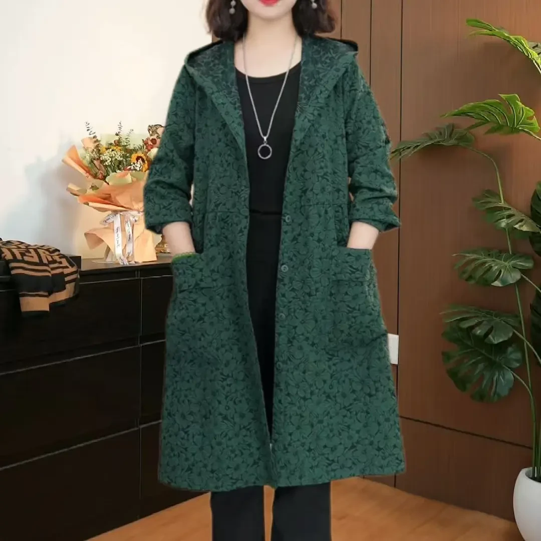 {双层连帽}5D立体花大口袋薄款风衣印花中长款韩版外套宽松