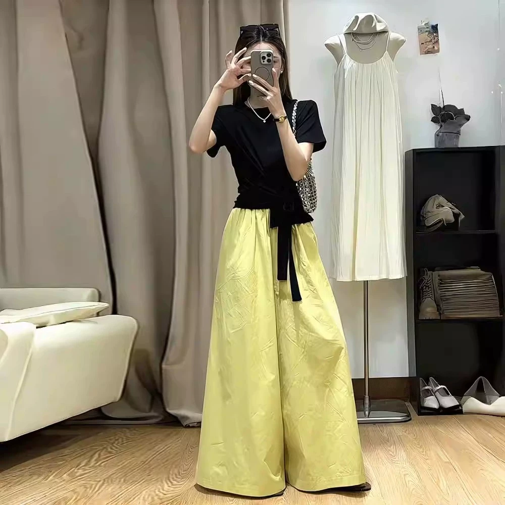 2025夏季韩系穿搭大码胖mm短袖系带T恤上衣休闲显瘦阔腿裤两件套