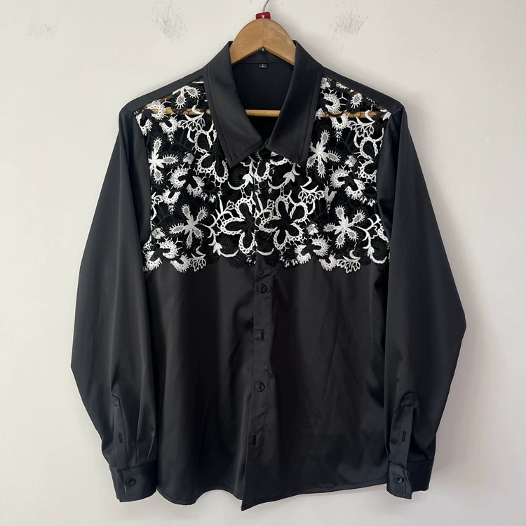 黑白重工刺绣镂空个性性感原创设计师男装衬衫