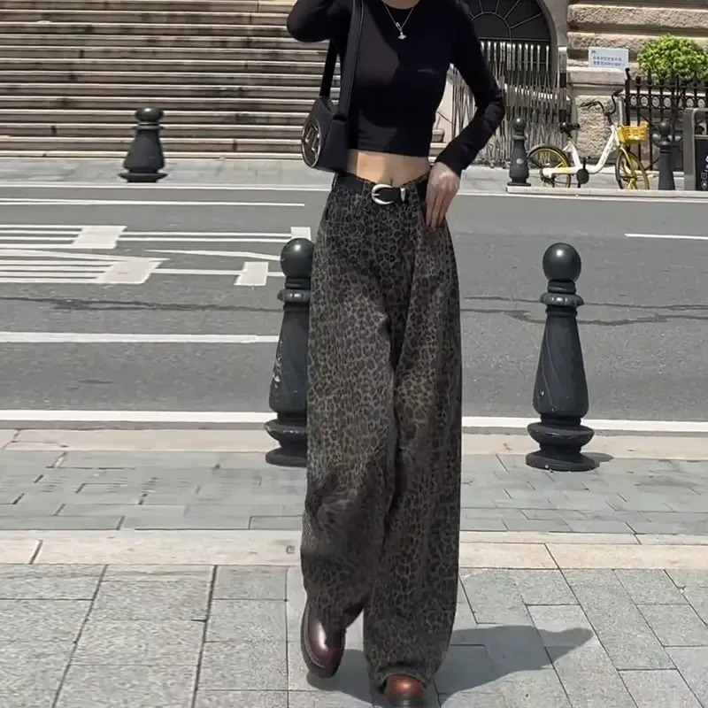 秋季爆款牛仔裤女2025年新款春季高个子美式豹纹裤子窄版阔腿长裤