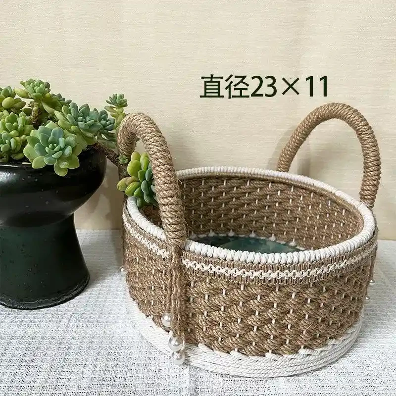 麻绳手工编织英伦风格收纳筐精美圆形手提设计适用于客厅桌面或厨