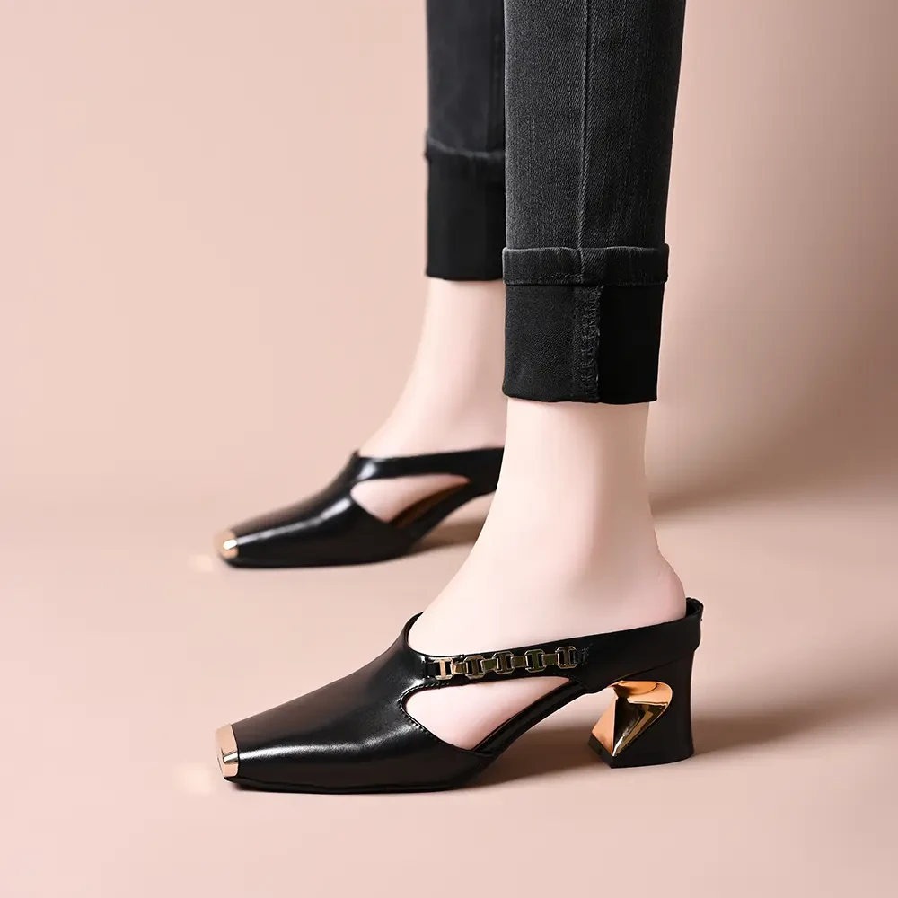 金属铁头夏季新款方头半拖鞋女外穿中跟软皮休闲懒人一脚蹬包头拖