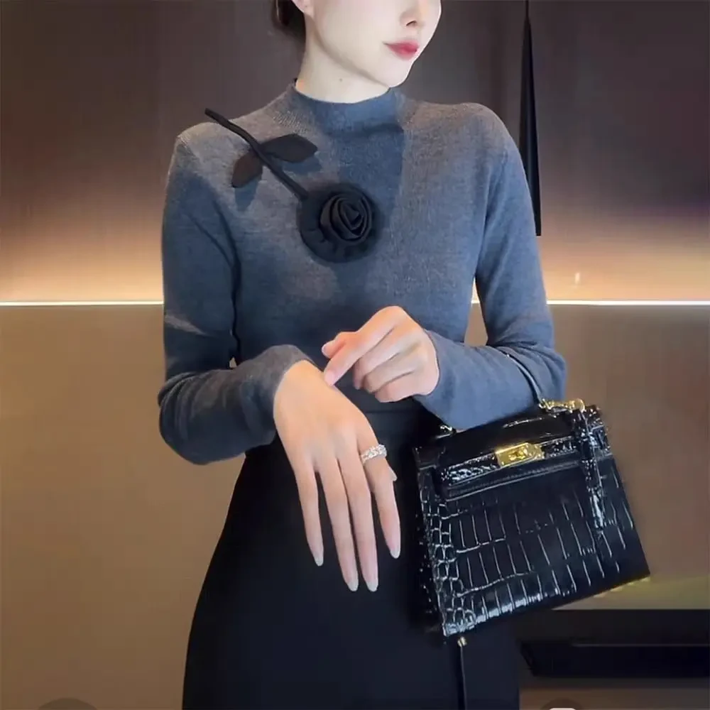 （长袖秋冬款）设计师气质针织花朵常女毛针织衫打底上衣7782# H