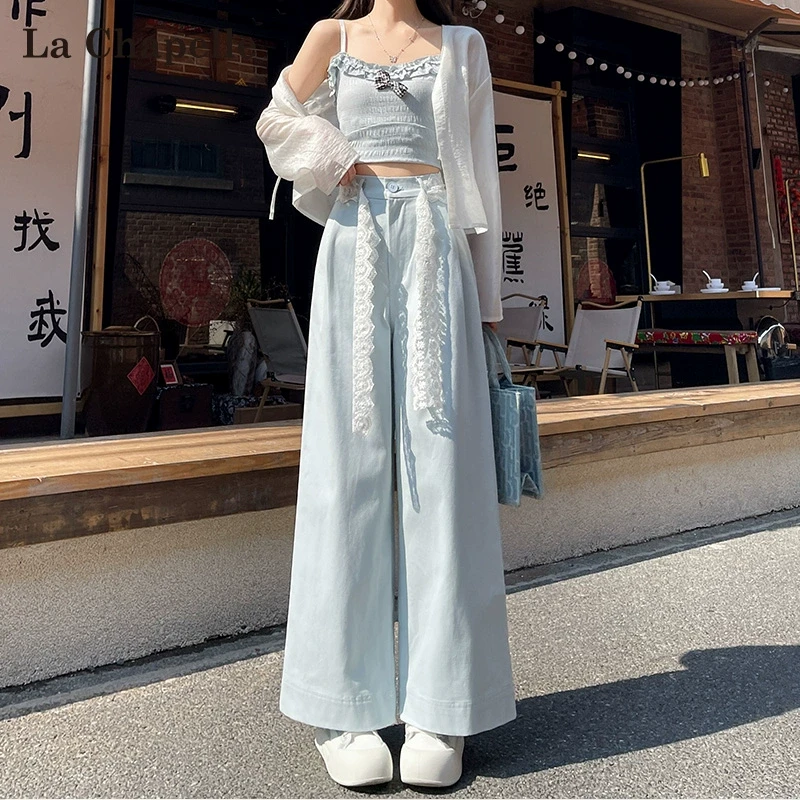拉夏贝尔蕾丝系带九分直筒裤女2025春夏新款设计感高腰休闲阔腿裤