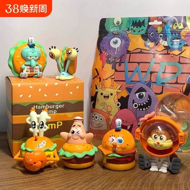 海绵宝宝盲盒汉堡王蟹黄煲系列派大星章鱼哥手办潮玩车载桌面摆件