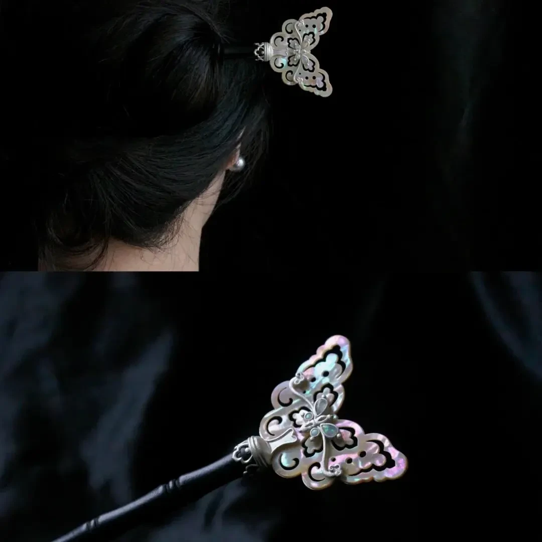 新中式仿白蝶贝蝴蝶盘发簪腰奴发簪复古仿点缀古装汉服簪子发簪