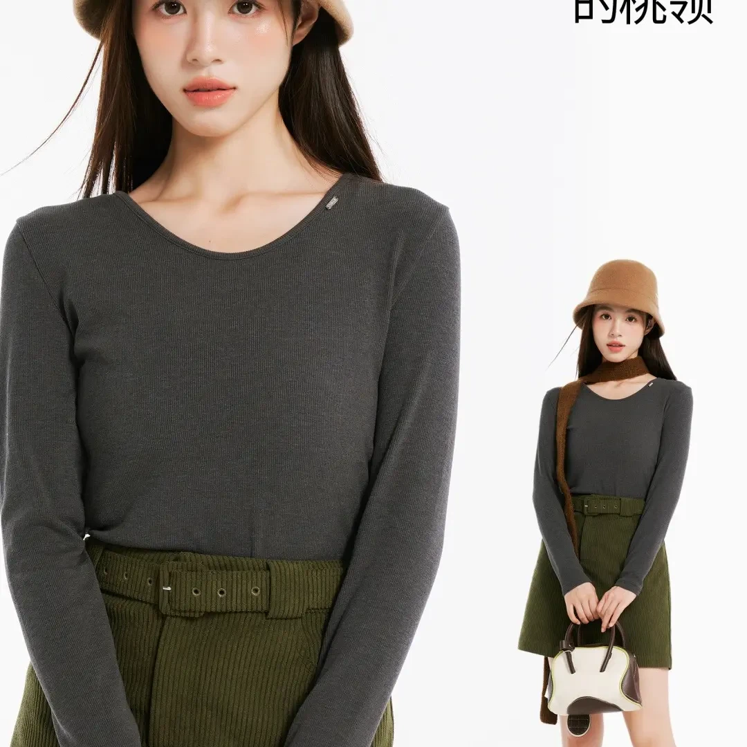 美娜舒丹-色柚-女士秋冬纯色圆领修身针织长袖打底衫-3088