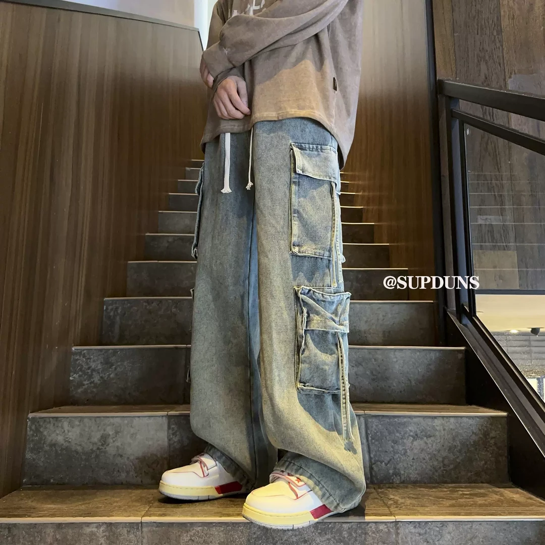 美式高街潮牌大口袋工装牛仔裤男新款春秋休闲小众直筒牛仔裤