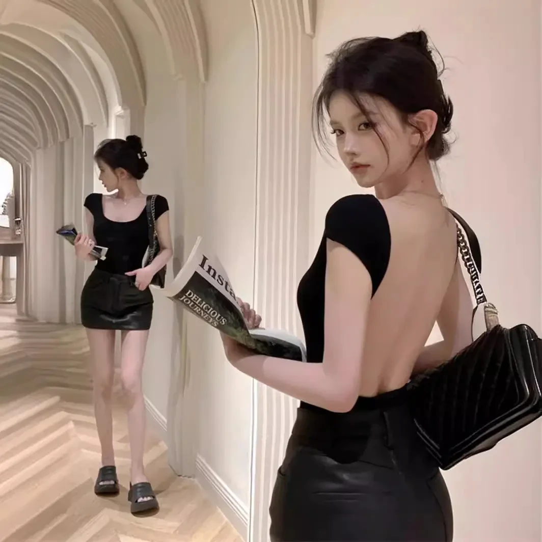 SUCVENT美式辣妹性感大方领紧身露背短款白色T恤小众修身短袖上衣