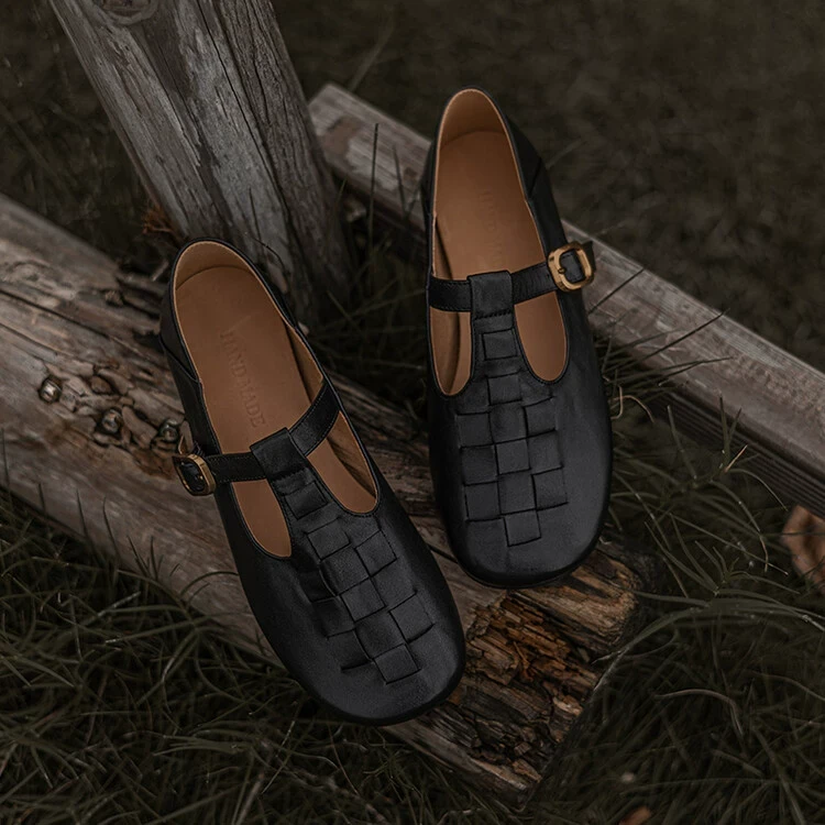 复古编织玛丽珍鞋女T字带马皮平底单鞋中年时尚TPR鞋底圆头手工小