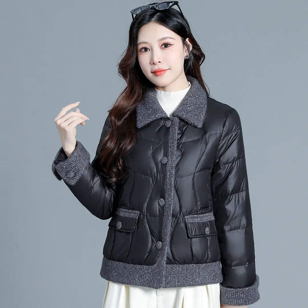 【羽绒服】2025年秋冬新款加厚保暖白鸭绒外套毛呢拼接妈妈时尚修身