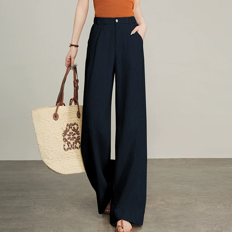 天丝亚麻阔腿裤女加长高个子2025夏季薄款高腰垂感宽松直筒休闲裤
