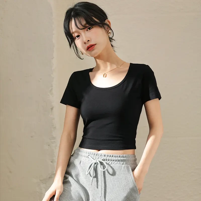 黑色短款t恤女短袖夏季棉质小个子高腰露脐紧身爵士舞显瘦上衣潮