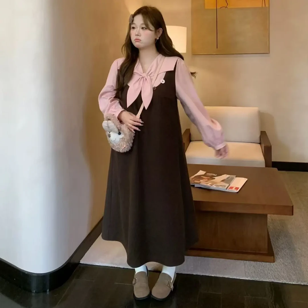 大码显瘦秋季蝴蝶结长裙甜美收腰气质感连衣裙