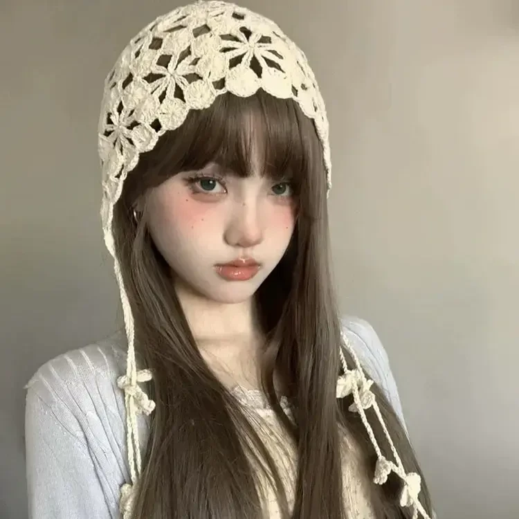 夏季手工钩花帽合集镂空编织包头帽女薄款毛线帽新款针织帽蕾丝帽