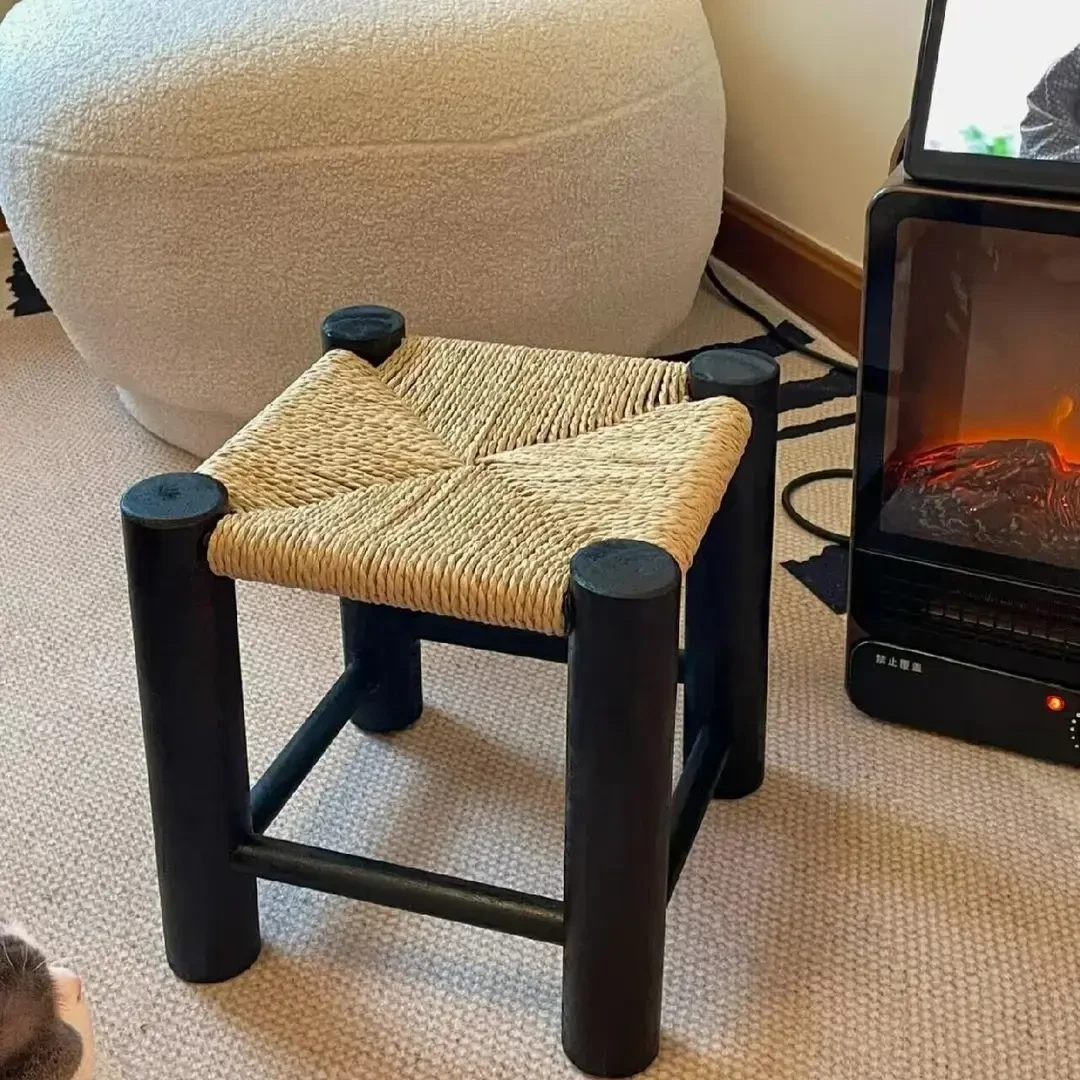 绳编复古矮凳实木换鞋凳简约现代家用通用座椅高颜值凳子小红薯款