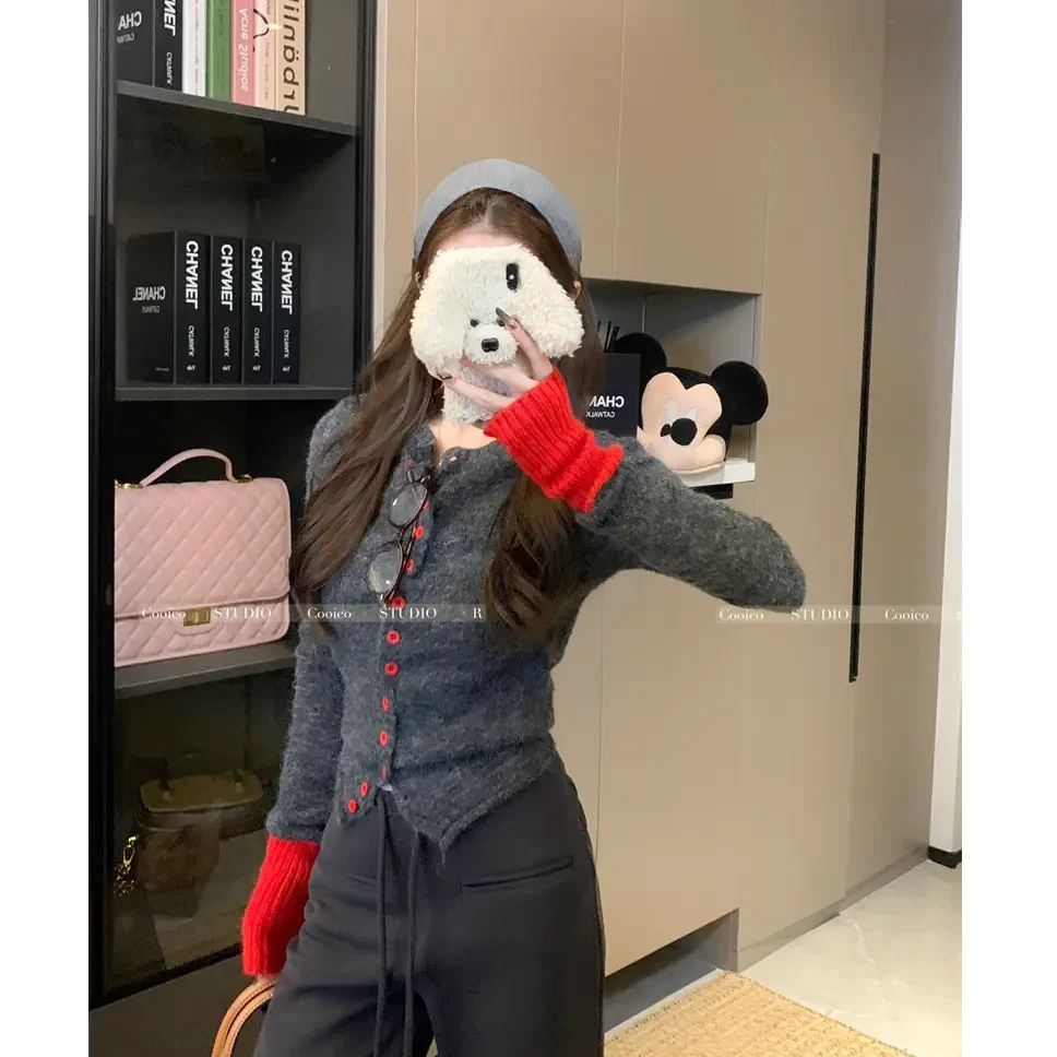 撞色针织衫女2025新款软糯开衫毛衣设计感修身显瘦圆领长袖上衣服