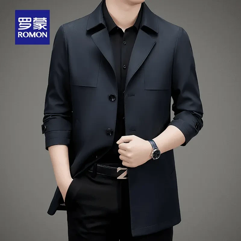 罗蒙男士高档舒适中长款风衣夹克2025春秋季新款轻奢抗皱休闲毛衣
