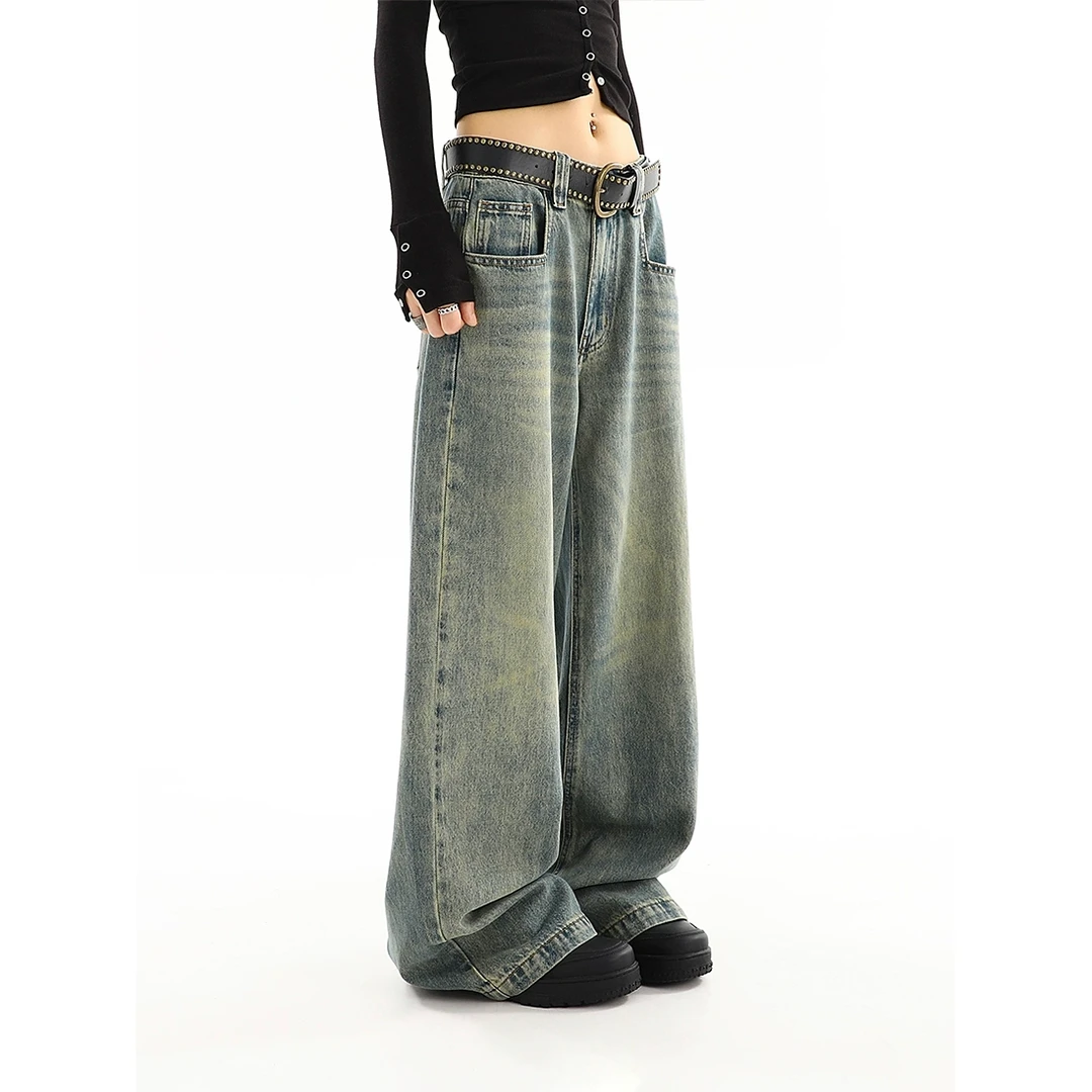 美式复古水洗做旧低腰直筒牛仔裤女春秋新款宽松垂感阔腿拖地长裤
