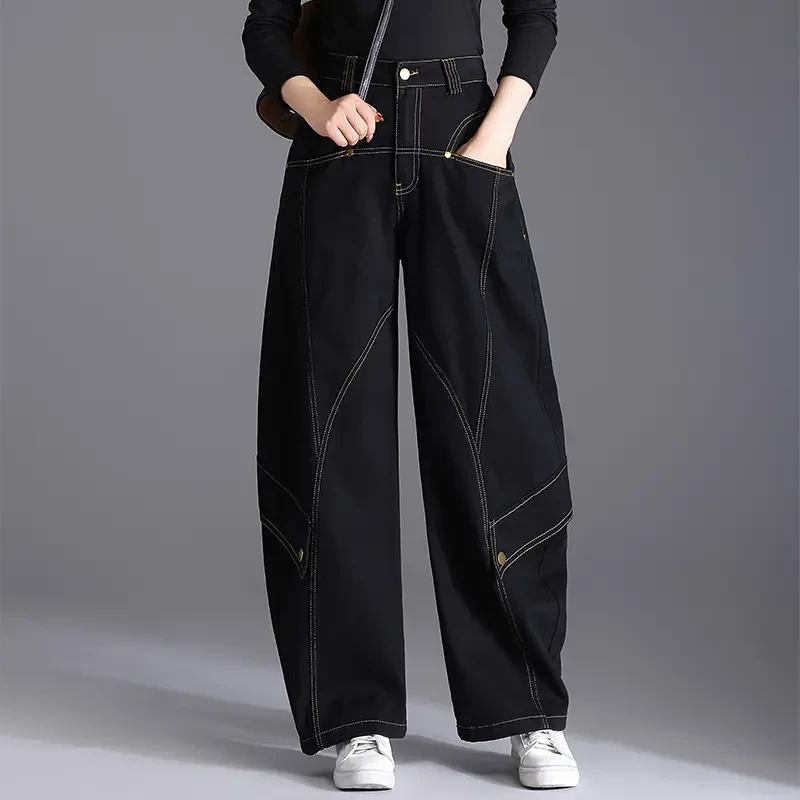 美式重磅黑灰色高腰工装裤灯笼裤2025牛仔裤春季新款显瘦直筒长裤