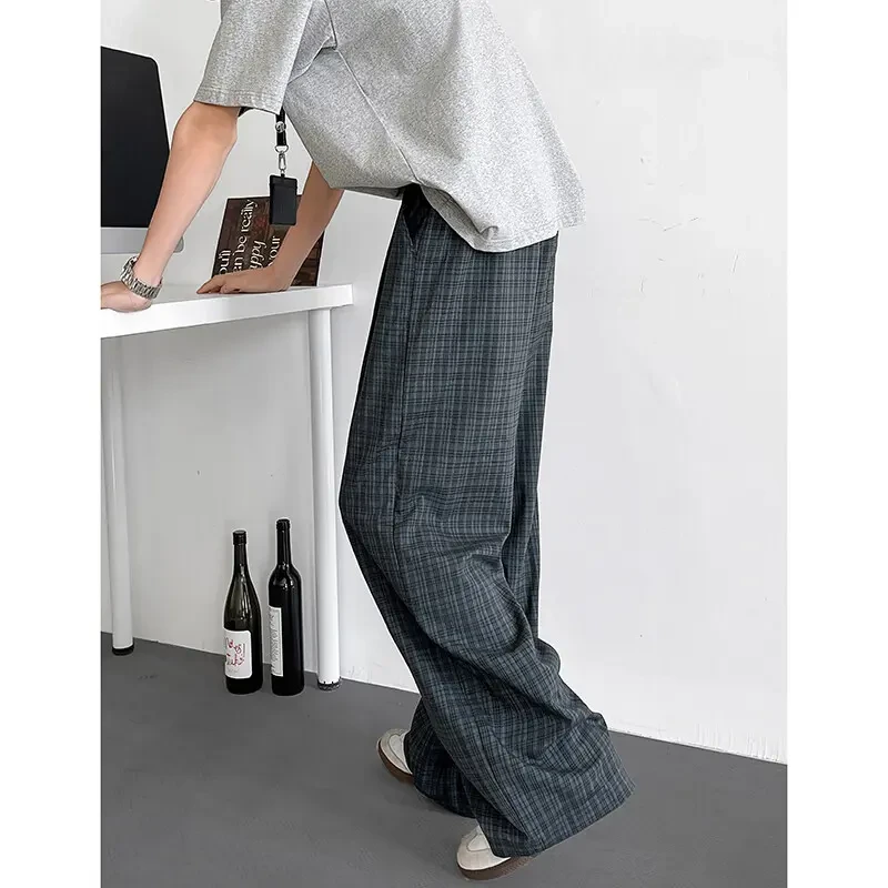 日系复古格子撞色休闲裤男春秋cleanfit潮牌慵懒宽松直筒阔腿裤子