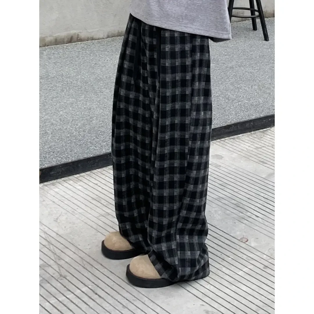 日系复古格子垂感重磅卫裤男春秋cleanfit潮牌高级感运动休闲裤子