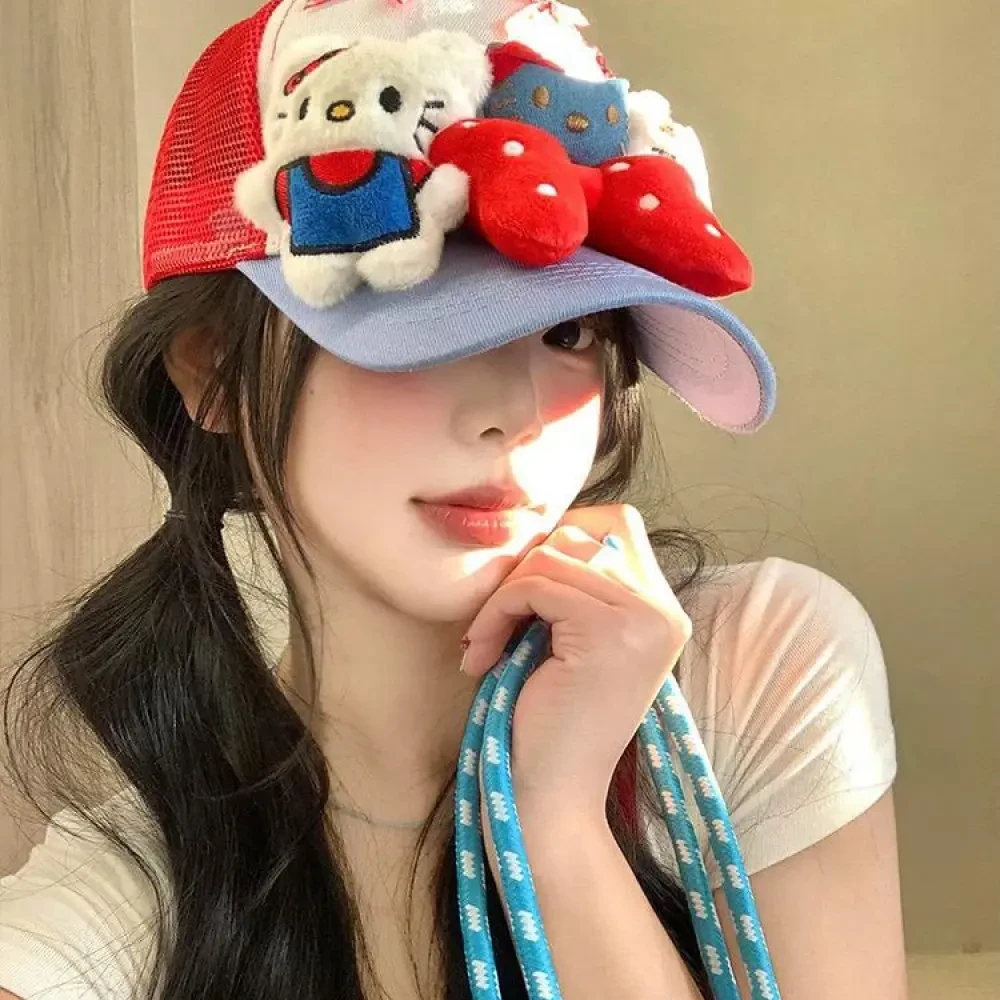 新款可爱Kitty猫蝴蝶结鸭舌帽子女亚比风显脸小透气防晒棒球帽IU0