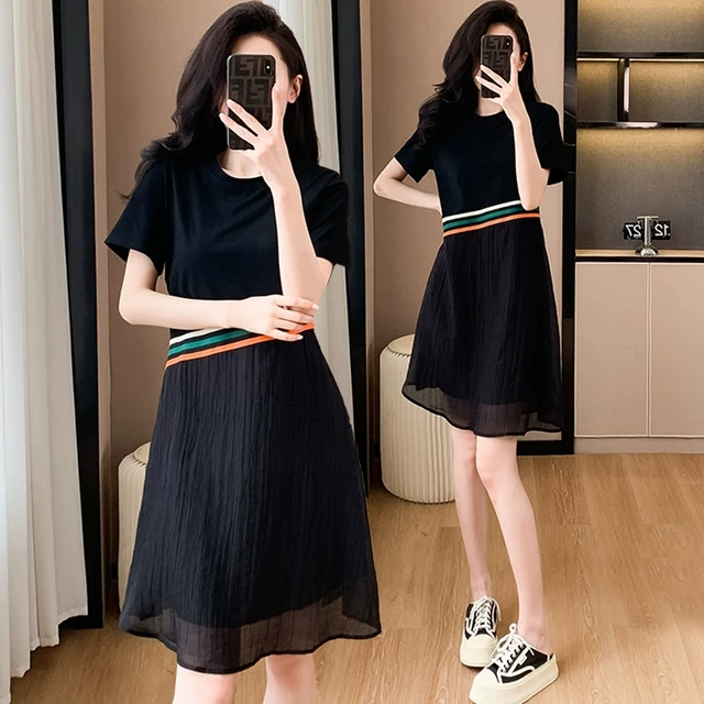 小个子黑色短袖T恤裙子夏季女装2025新款休闲时尚拼色透气连衣裙