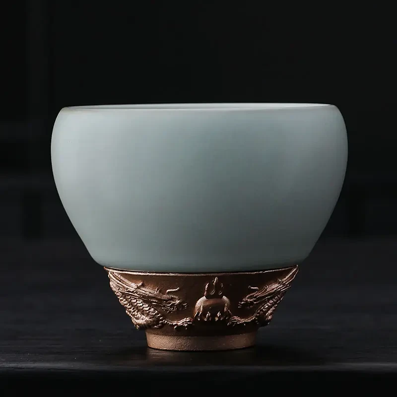 汝窑龙华富贵青瓷主人杯品茗杯复古功夫茶具高档简约单杯茶杯送礼