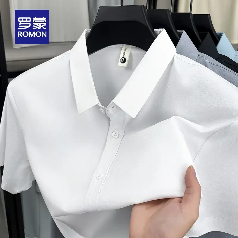 【含桑蚕丝莫代尔混纺】罗蒙夏季男士短袖衬衫商务休闲免烫纯色衬衣