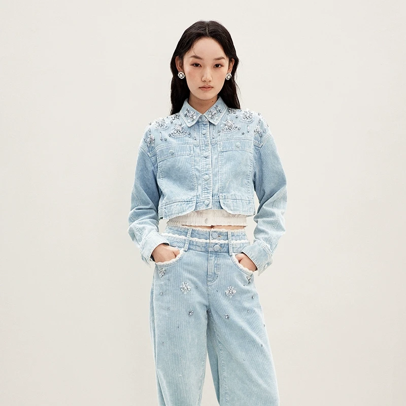 LeFame/拉飞姆25年春季新款蓝色洗水灯芯绒钉珠夹克LF25C31SC242