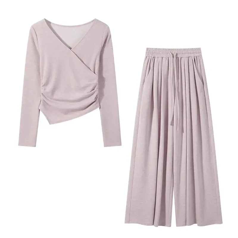 精选简约纯色垂感针织套装V领设计感上衣松紧长裤10100