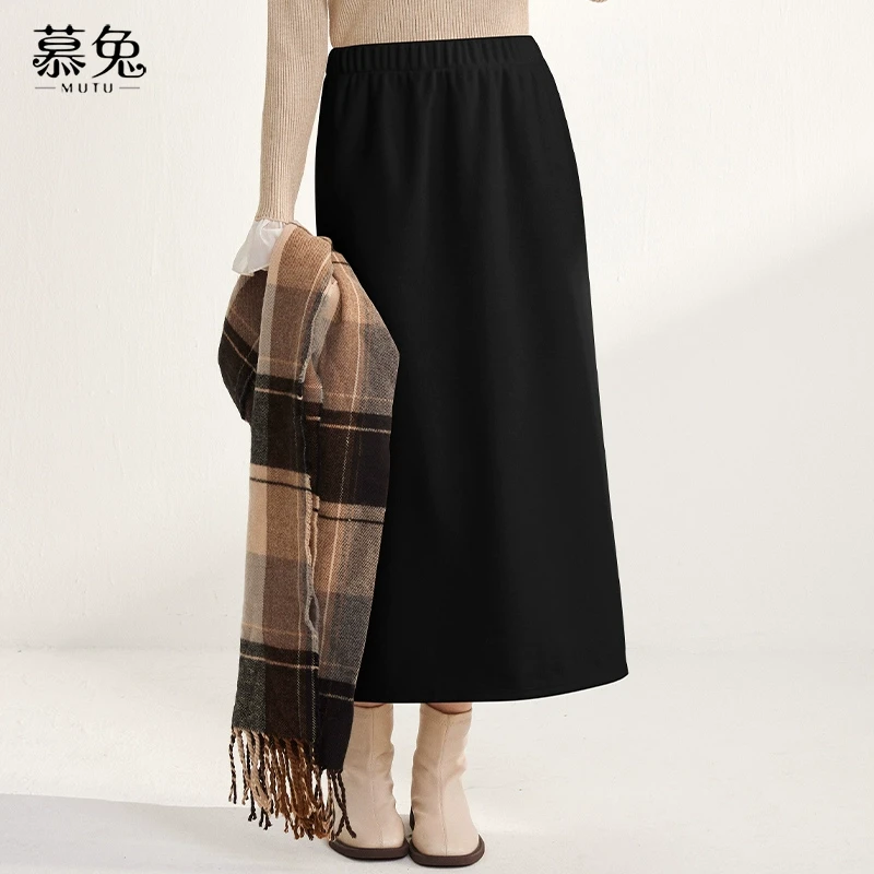 慕兔复古咖色开叉半身裙女2024冬季新款小个子高腰中长款a字裙子