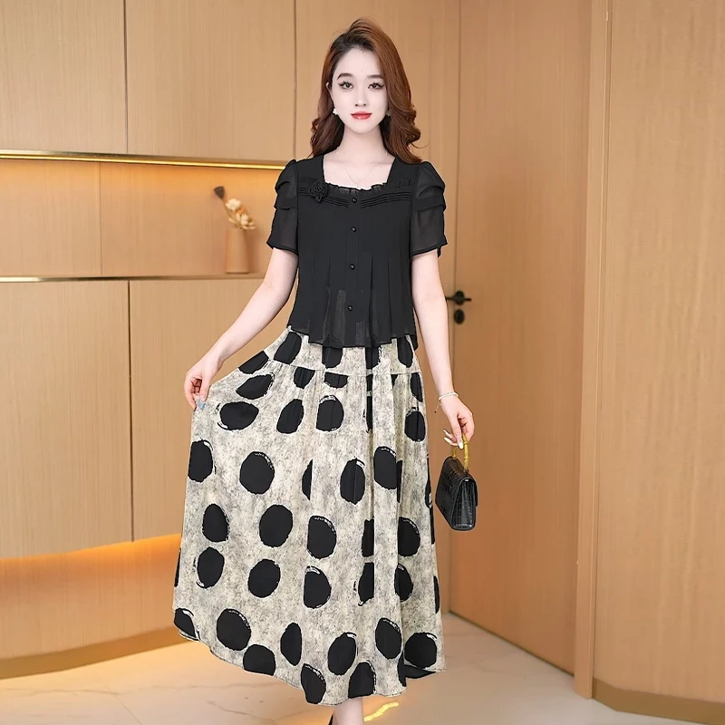 【连衣裙】夏季新款拼接显瘦收腰印花时尚韩版减龄洋气假两件连衣裙