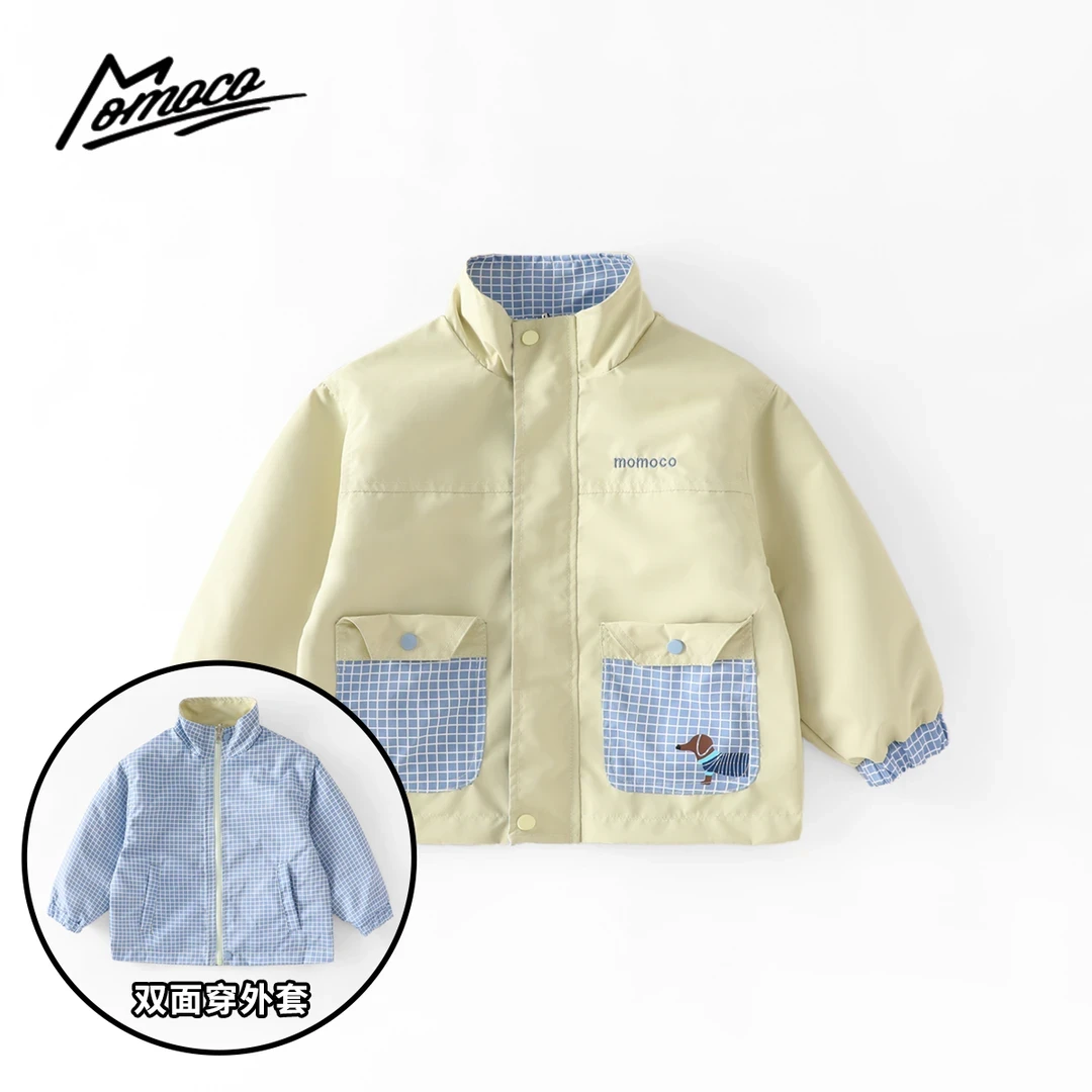 MOMOCO/玛米玛卡2025春款欧若风男童时尚格子小狗拼色两面穿外套