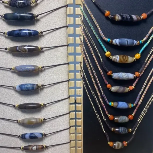 蓝沁复古原矿天然带线带眼条纹玛瑙串锁骨绳直播选款专拍