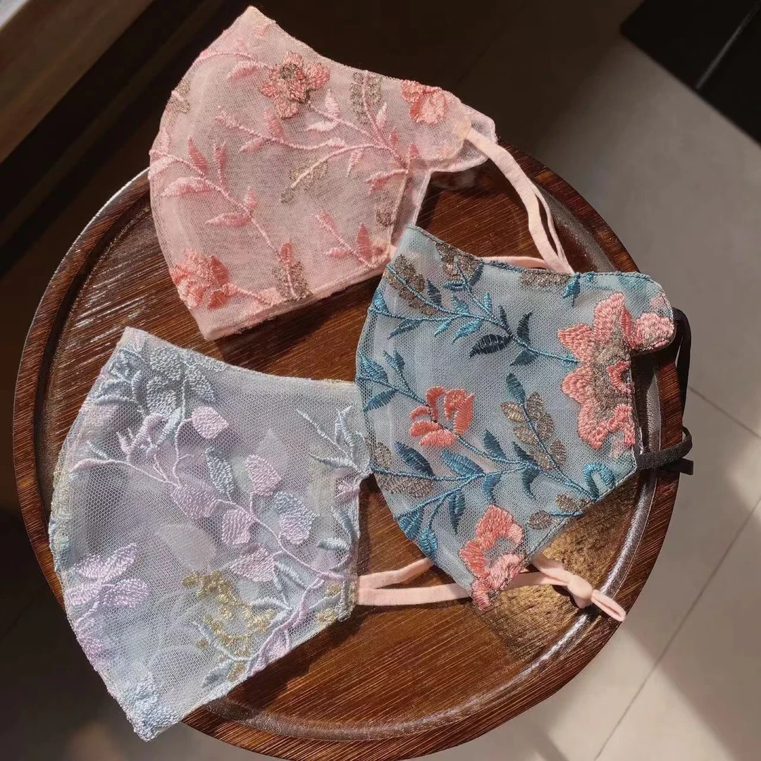 新款国风高端刺绣立体蕾丝防晒网纱透气水洗面罩夏季双层防晒口罩