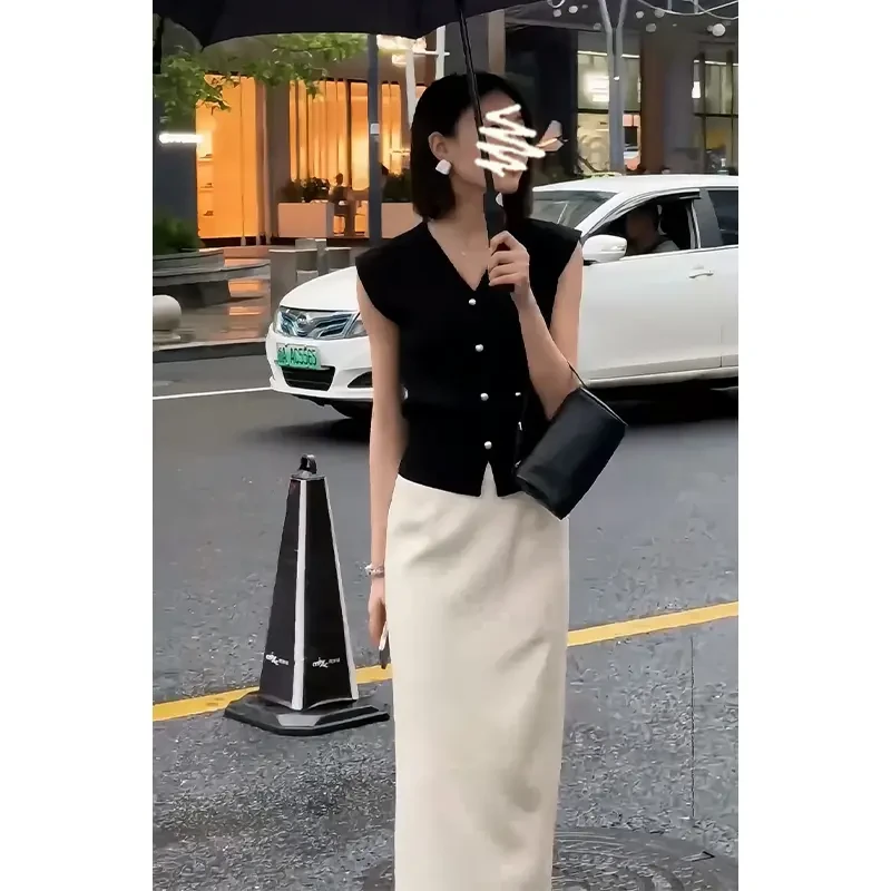 夏季高级感修身V领无袖上衣女士时尚夏装气质高腰显瘦开叉半身裙