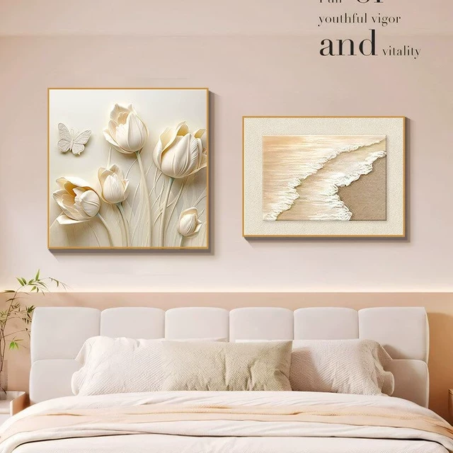 奶油风卧室装饰画小清新花卉肌理感主卧床头挂画北欧高级感餐厅画